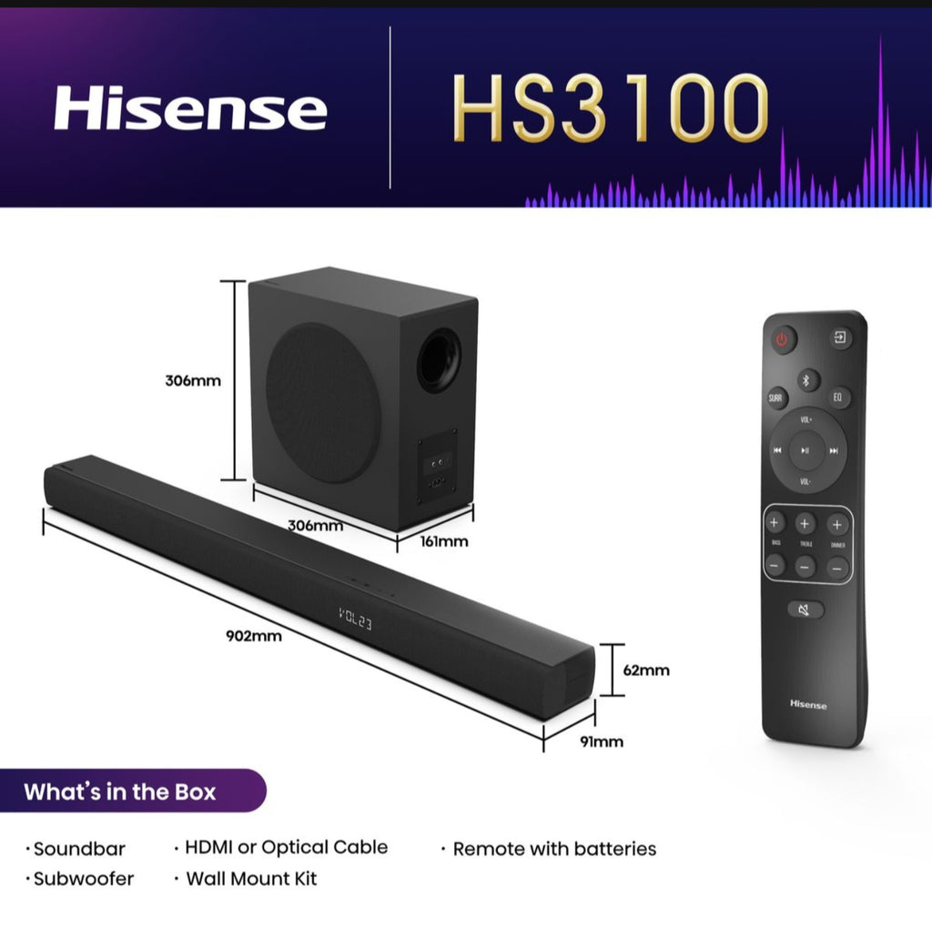 Hisense 480W 3.1 Channel Bluetooth Sound Bar with Wireless Subwoofer