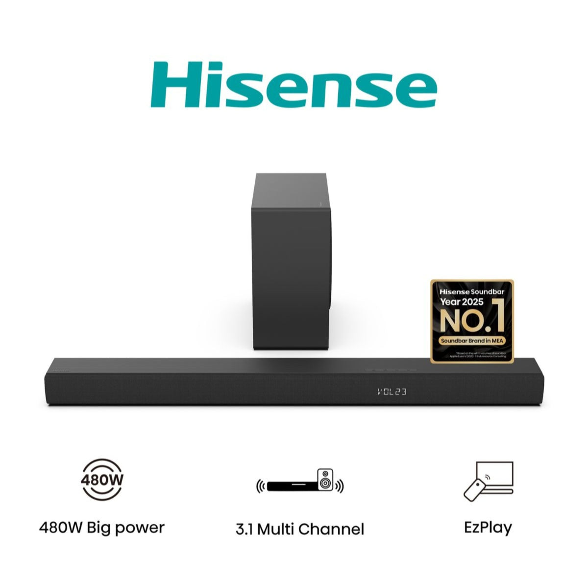 Hisense 480W 3.1 Channel Bluetooth Sound Bar with Wireless Subwoofer