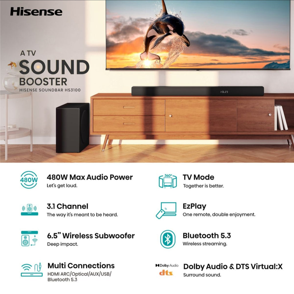 Hisense 480W 3.1 Channel Bluetooth Sound Bar with Wireless Subwoofer